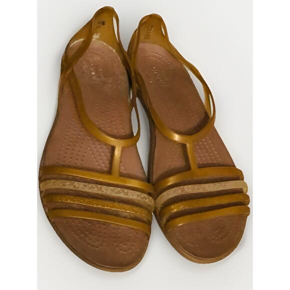 Crocs Women's Tan Slip-On Peep Comfort Strappy Ballet Flats Jelly Sandals Size 9 - Picture 1 of 5